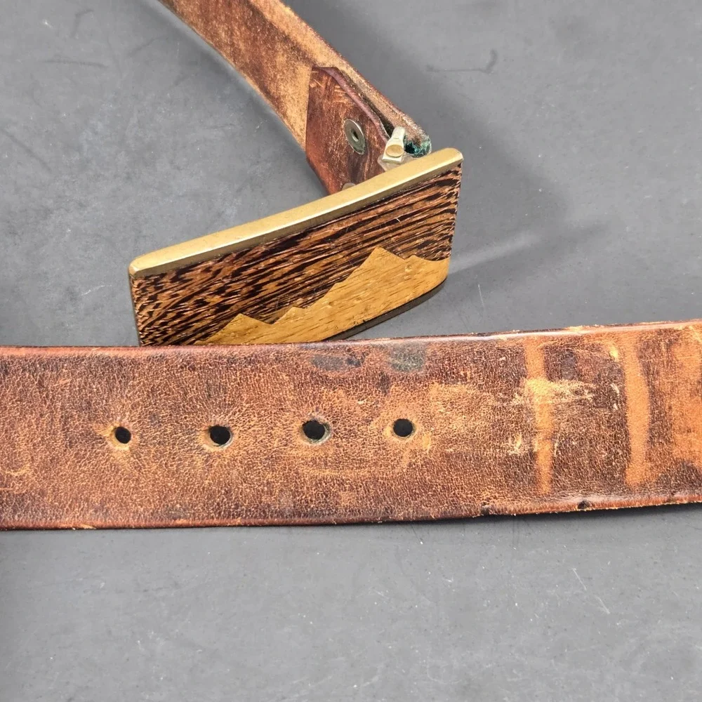 Kenneth Reid Albuquerque Brass Wood Mountain Inlay Leather Belt Vintage Brown